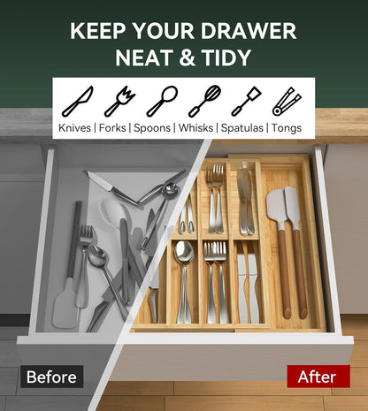 Silverware Drawer Organizer for Kitchen Utensil,Bamboo 10 Slot | 16”Dx12.3”Wx1.7”H, Vertical Storage, Cutlery Tray Dividers for Spoons Forks Knives
