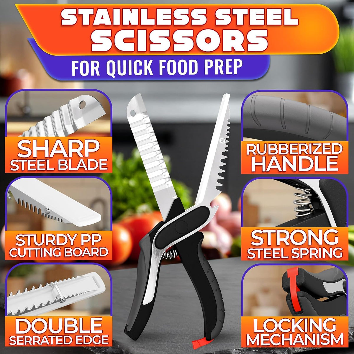 9.6" Cutting Board Scissors for Food with Stainless Steel Blade | 2 in 1 Kitchen Scissors for Food with Detachable Cutting Board; Cuts Veggies, Fruits, and Meat; Dishwasher Safe; Safety Lock