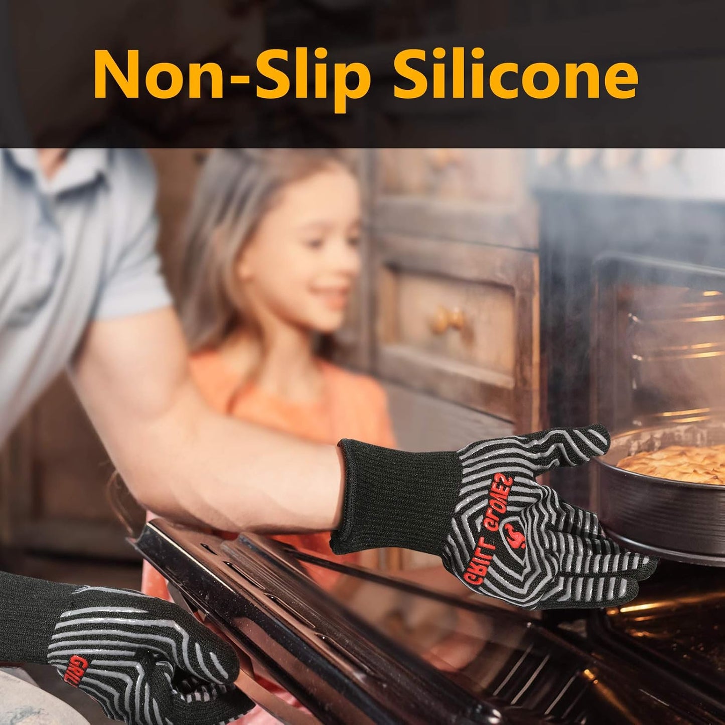 BBQ Gloves, 1472°F Heat Resistant Grilling Gloves Silicone Non-Slip Oven Mitts, Kitchen Gloves for BBQ, Grilling, Cooking, Baking(One Size Fits Most, Black)- 1 Pair