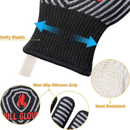 BBQ Gloves, 1472°F Heat Resistant Grilling Gloves Silicone Non-Slip Oven Mitts, Kitchen Gloves for BBQ, Grilling, Cooking, Baking(One Size Fits Most, Black)- 1 Pair
