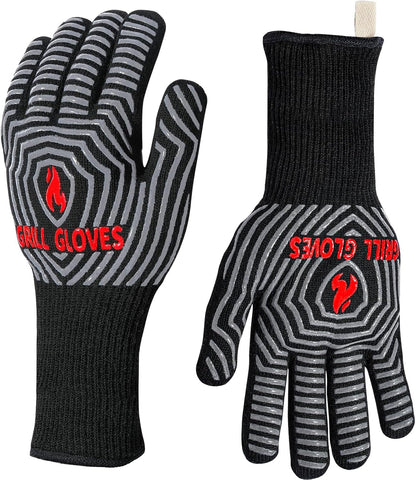 BBQ Gloves, 1472°F Heat Resistant Grilling Gloves Silicone Non-Slip Oven Mitts, Kitchen Gloves for BBQ, Grilling, Cooking, Baking(One Size Fits Most, Black)- 1 Pair