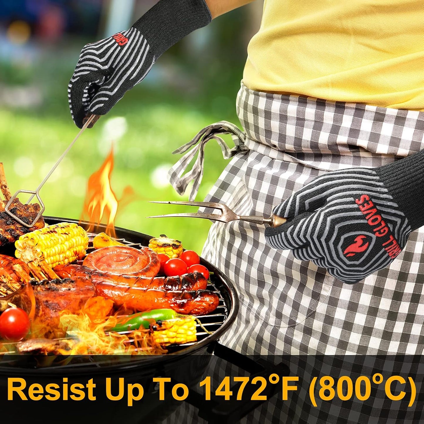 BBQ Gloves, 1472°F Heat Resistant Grilling Gloves Silicone Non-Slip Oven Mitts, Kitchen Gloves for BBQ, Grilling, Cooking, Baking(One Size Fits Most, Black)- 1 Pair