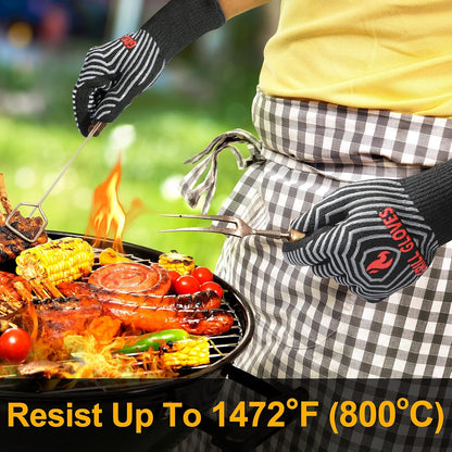 BBQ Gloves, 1472°F Heat Resistant Grilling Gloves Silicone Non-Slip Oven Mitts, Kitchen Gloves for BBQ, Grilling, Cooking, Baking(One Size Fits Most, Black)- 1 Pair