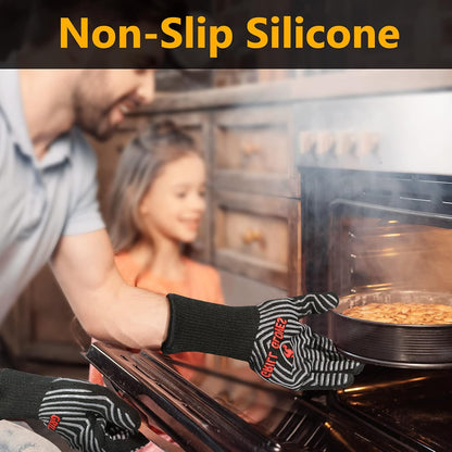 BBQ Gloves, 1472°F Heat Resistant Grilling Gloves Silicone Non-Slip Oven Mitts, Kitchen Gloves for BBQ, Grilling, Cooking, Baking(One Size Fits Most, Black)- 1 Pair
