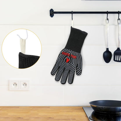 BBQ Gloves, 1472°F Heat Resistant Grilling Gloves Silicone Non-Slip Oven Mitts, Kitchen Gloves for BBQ, Grilling, Cooking, Baking(One Size Fits Most, Black)- 1 Pair