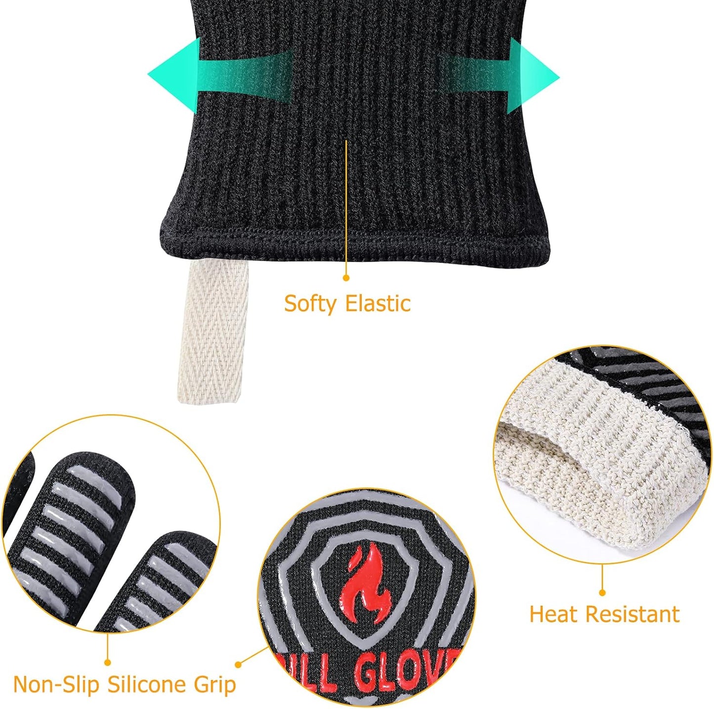 BBQ Gloves, 1472°F Heat Resistant Grilling Gloves Silicone Non-Slip Oven Mitts, Kitchen Gloves for BBQ, Grilling, Cooking, Baking(One Size Fits Most, Black)- 1 Pair