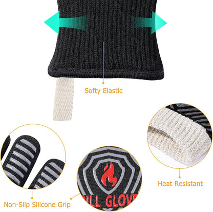 BBQ Gloves, 1472°F Heat Resistant Grilling Gloves Silicone Non-Slip Oven Mitts, Kitchen Gloves for BBQ, Grilling, Cooking, Baking(One Size Fits Most, Black)- 1 Pair