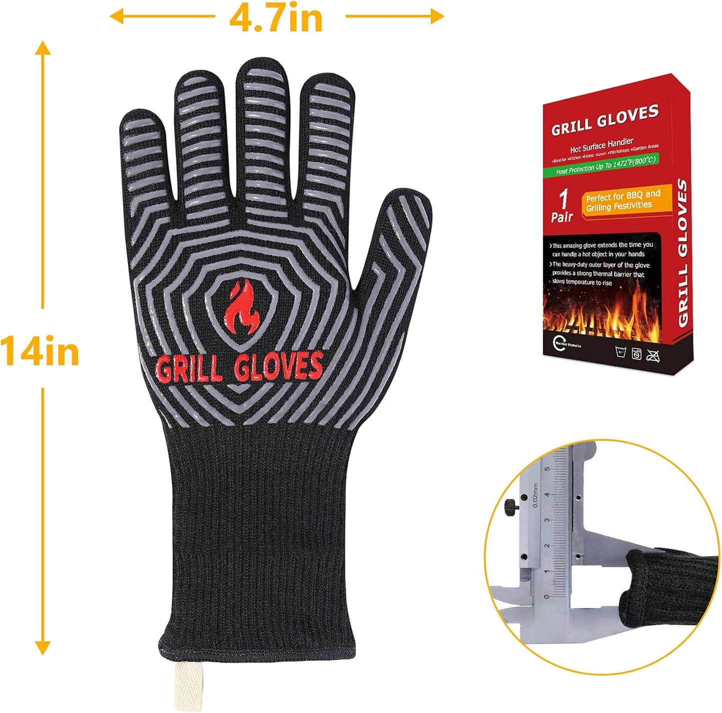 BBQ Gloves, 1472°F Heat Resistant Grilling Gloves Silicone Non-Slip Oven Mitts, Kitchen Gloves for BBQ, Grilling, Cooking, Baking(One Size Fits Most, Black)- 1 Pair