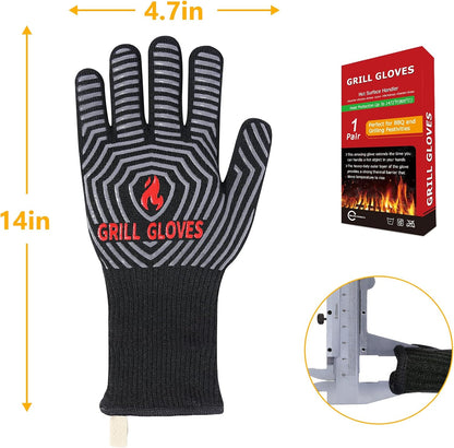 BBQ Gloves, 1472°F Heat Resistant Grilling Gloves Silicone Non-Slip Oven Mitts, Kitchen Gloves for BBQ, Grilling, Cooking, Baking(One Size Fits Most, Black)- 1 Pair
