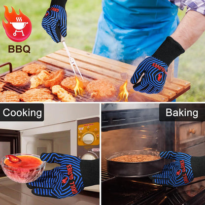 BBQ Gloves, 1472°F Heat Resistant Grilling Gloves Silicone Non-Slip Oven Mitts, Kitchen Gloves for BBQ, Grilling, Cooking, Baking(One Size Fits Most, Black)- 1 Pair