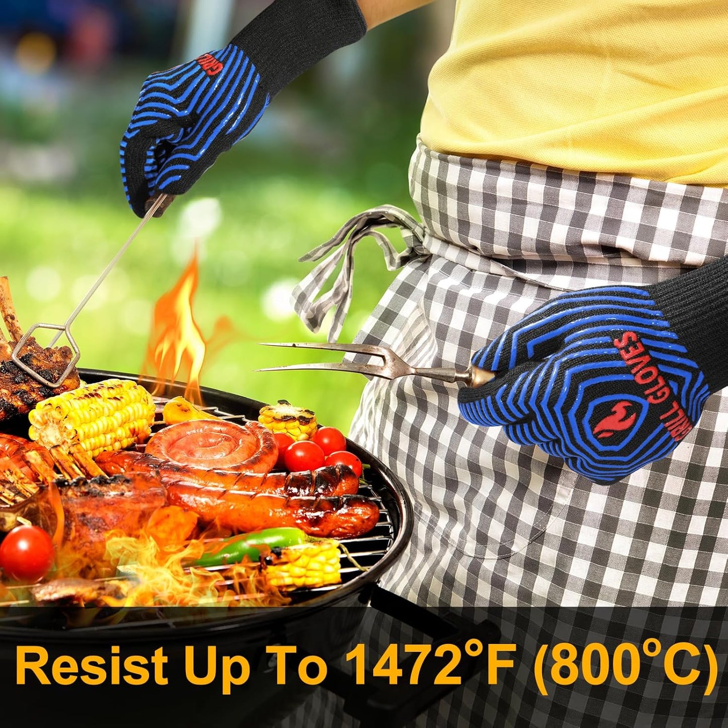BBQ Gloves, 1472°F Heat Resistant Grilling Gloves Silicone Non-Slip Oven Mitts, Kitchen Gloves for BBQ, Grilling, Cooking, Baking(One Size Fits Most, Black)- 1 Pair