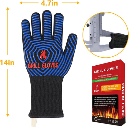 BBQ Gloves, 1472°F Heat Resistant Grilling Gloves Silicone Non-Slip Oven Mitts, Kitchen Gloves for BBQ, Grilling, Cooking, Baking(One Size Fits Most, Black)- 1 Pair