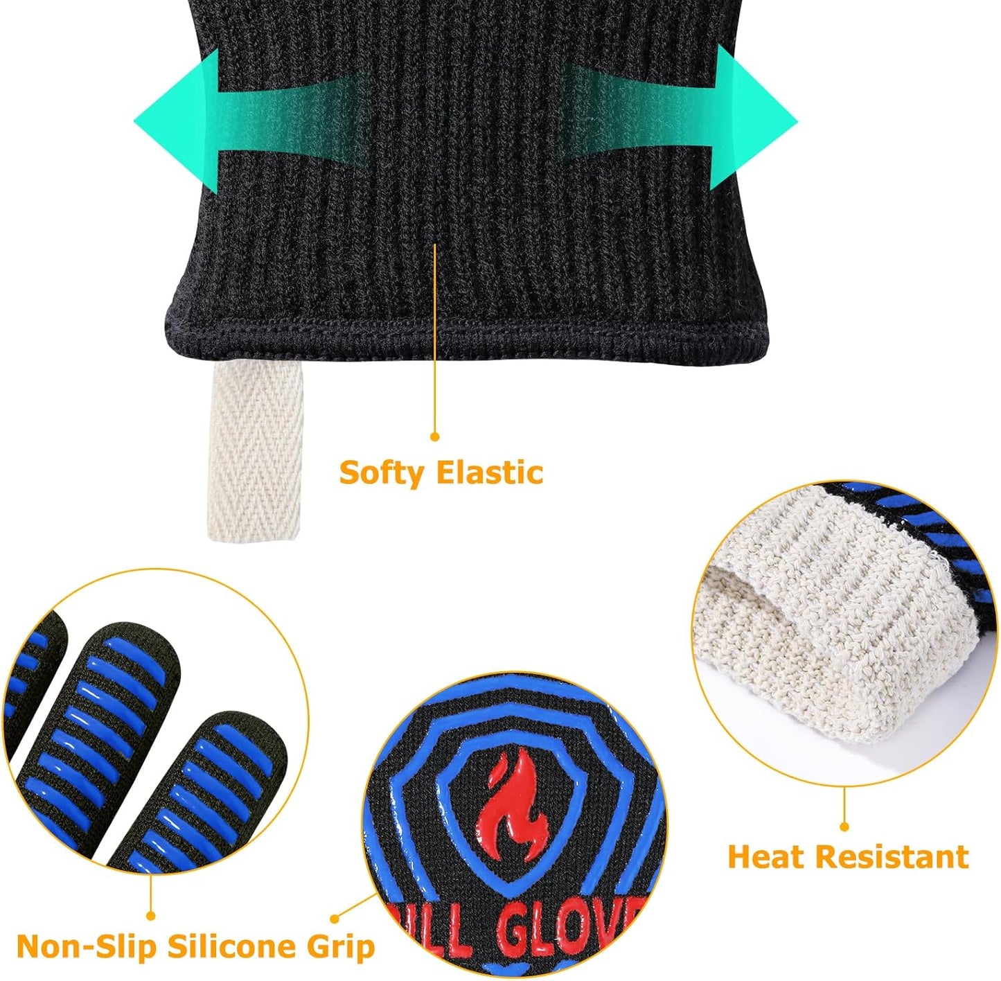 BBQ Gloves, 1472°F Heat Resistant Grilling Gloves Silicone Non-Slip Oven Mitts, Kitchen Gloves for BBQ, Grilling, Cooking, Baking(One Size Fits Most, Black)- 1 Pair