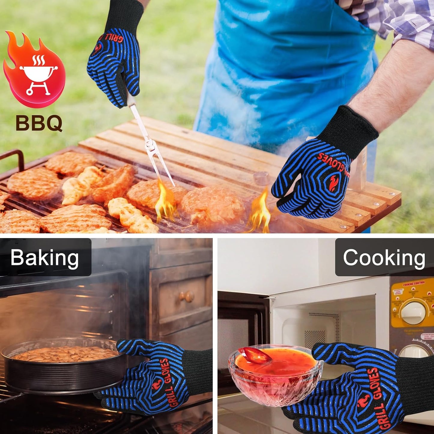 BBQ Gloves, 1472°F Heat Resistant Grilling Gloves Silicone Non-Slip Oven Mitts, Kitchen Gloves for BBQ, Grilling, Cooking, Baking(One Size Fits Most, Black)- 1 Pair