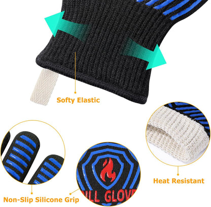 BBQ Gloves, 1472°F Heat Resistant Grilling Gloves Silicone Non-Slip Oven Mitts, Kitchen Gloves for BBQ, Grilling, Cooking, Baking(One Size Fits Most, Black)- 1 Pair