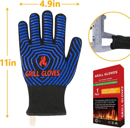 BBQ Gloves, 1472°F Heat Resistant Grilling Gloves Silicone Non-Slip Oven Mitts, Kitchen Gloves for BBQ, Grilling, Cooking, Baking(One Size Fits Most, Black)- 1 Pair
