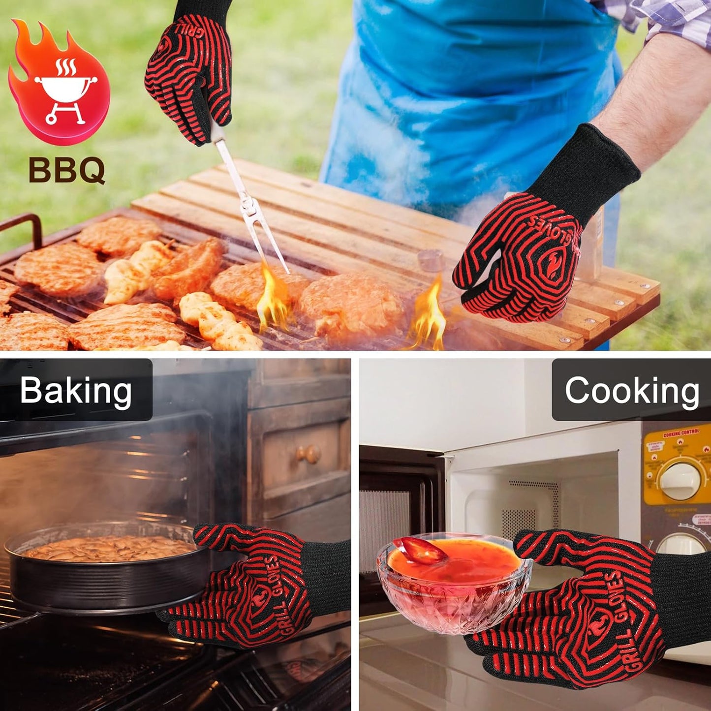 BBQ Gloves, 1472°F Heat Resistant Grilling Gloves Silicone Non-Slip Oven Mitts, Kitchen Gloves for BBQ, Grilling, Cooking, Baking(One Size Fits Most, Black)- 1 Pair