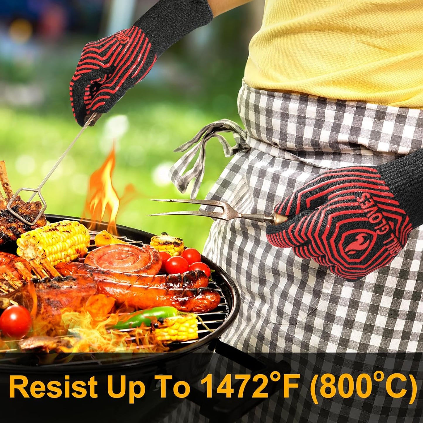 BBQ Gloves, 1472°F Heat Resistant Grilling Gloves Silicone Non-Slip Oven Mitts, Kitchen Gloves for BBQ, Grilling, Cooking, Baking(One Size Fits Most, Black)- 1 Pair