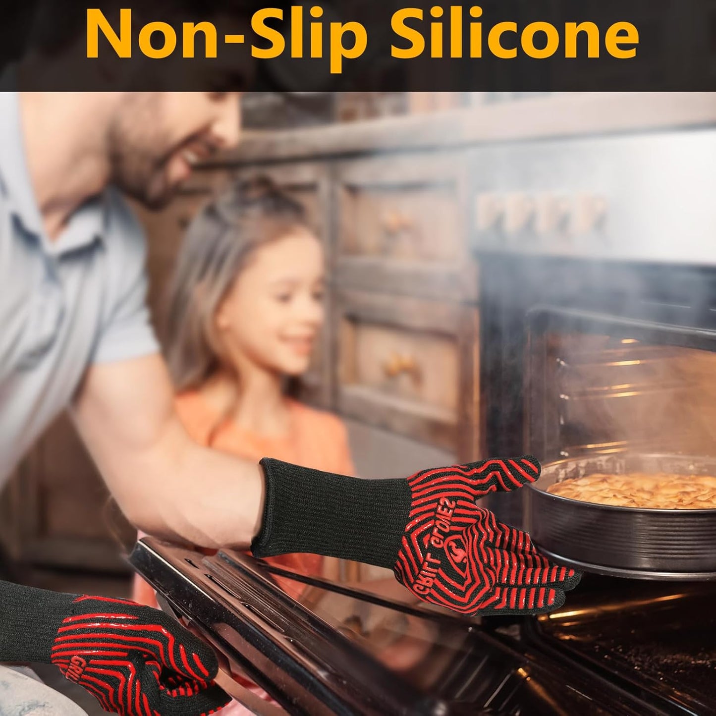 BBQ Gloves, 1472°F Heat Resistant Grilling Gloves Silicone Non-Slip Oven Mitts, Kitchen Gloves for BBQ, Grilling, Cooking, Baking(One Size Fits Most, Black)- 1 Pair
