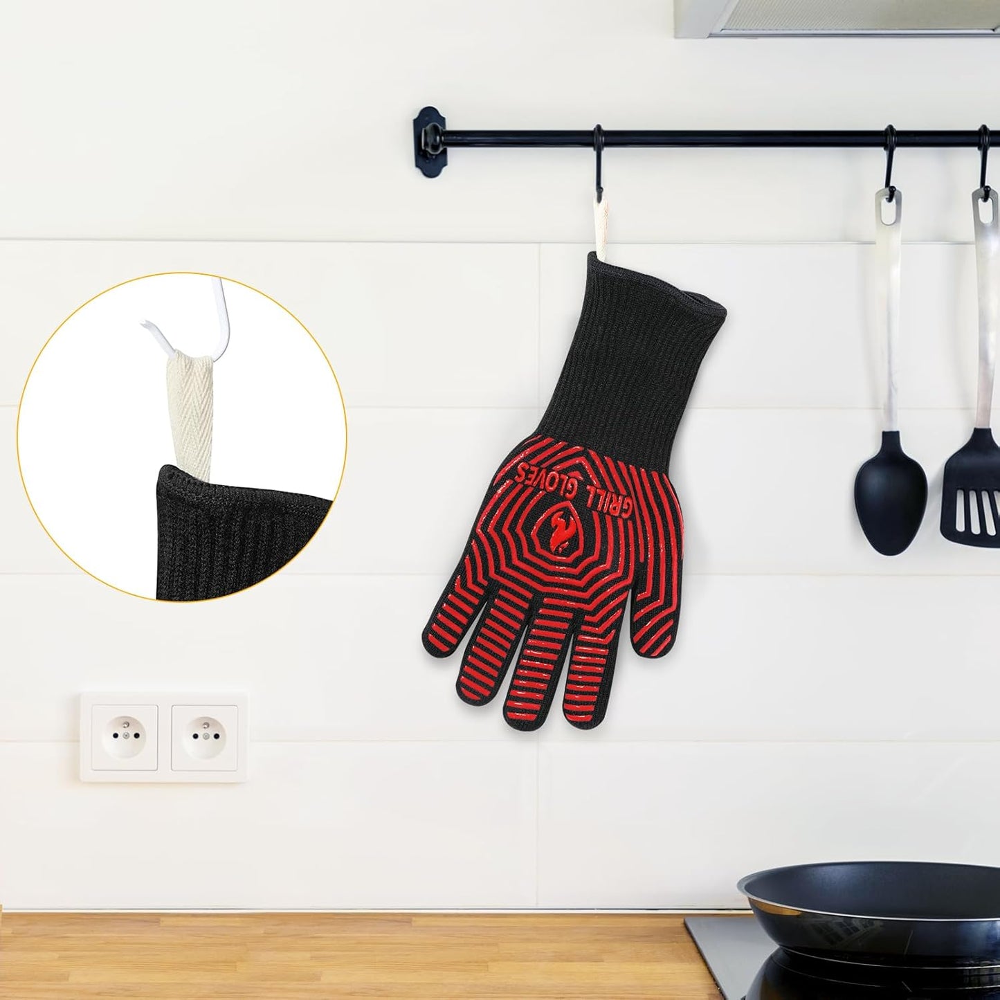 BBQ Gloves, 1472°F Heat Resistant Grilling Gloves Silicone Non-Slip Oven Mitts, Kitchen Gloves for BBQ, Grilling, Cooking, Baking(One Size Fits Most, Black)- 1 Pair