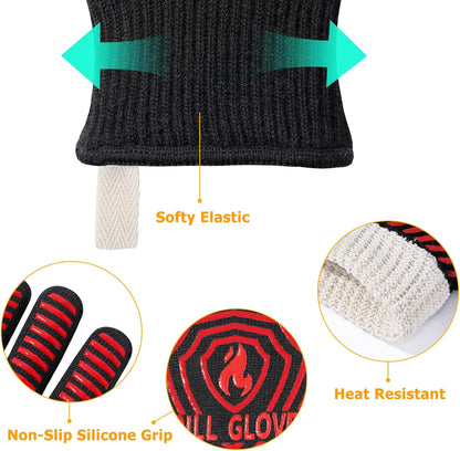 BBQ Gloves, 1472°F Heat Resistant Grilling Gloves Silicone Non-Slip Oven Mitts, Kitchen Gloves for BBQ, Grilling, Cooking, Baking(One Size Fits Most, Black)- 1 Pair