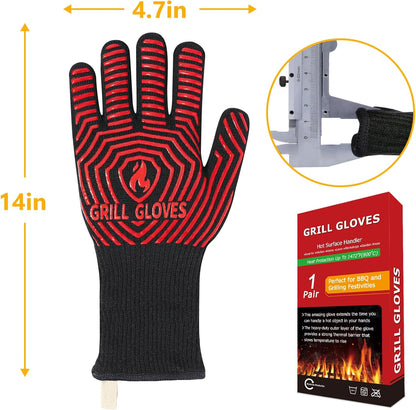 BBQ Gloves, 1472°F Heat Resistant Grilling Gloves Silicone Non-Slip Oven Mitts, Kitchen Gloves for BBQ, Grilling, Cooking, Baking(One Size Fits Most, Black)- 1 Pair