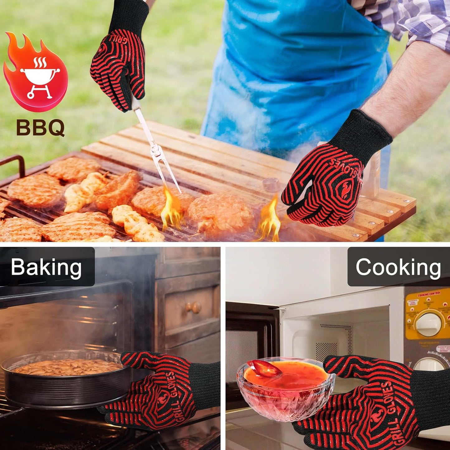 BBQ Gloves, 1472°F Heat Resistant Grilling Gloves Silicone Non-Slip Oven Mitts, Kitchen Gloves for BBQ, Grilling, Cooking, Baking(One Size Fits Most, Black)- 1 Pair