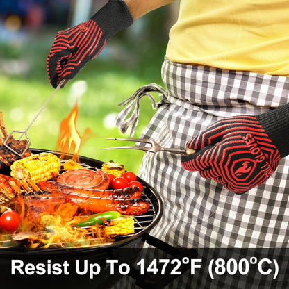 BBQ Gloves, 1472°F Heat Resistant Grilling Gloves Silicone Non-Slip Oven Mitts, Kitchen Gloves for BBQ, Grilling, Cooking, Baking(One Size Fits Most, Black)- 1 Pair