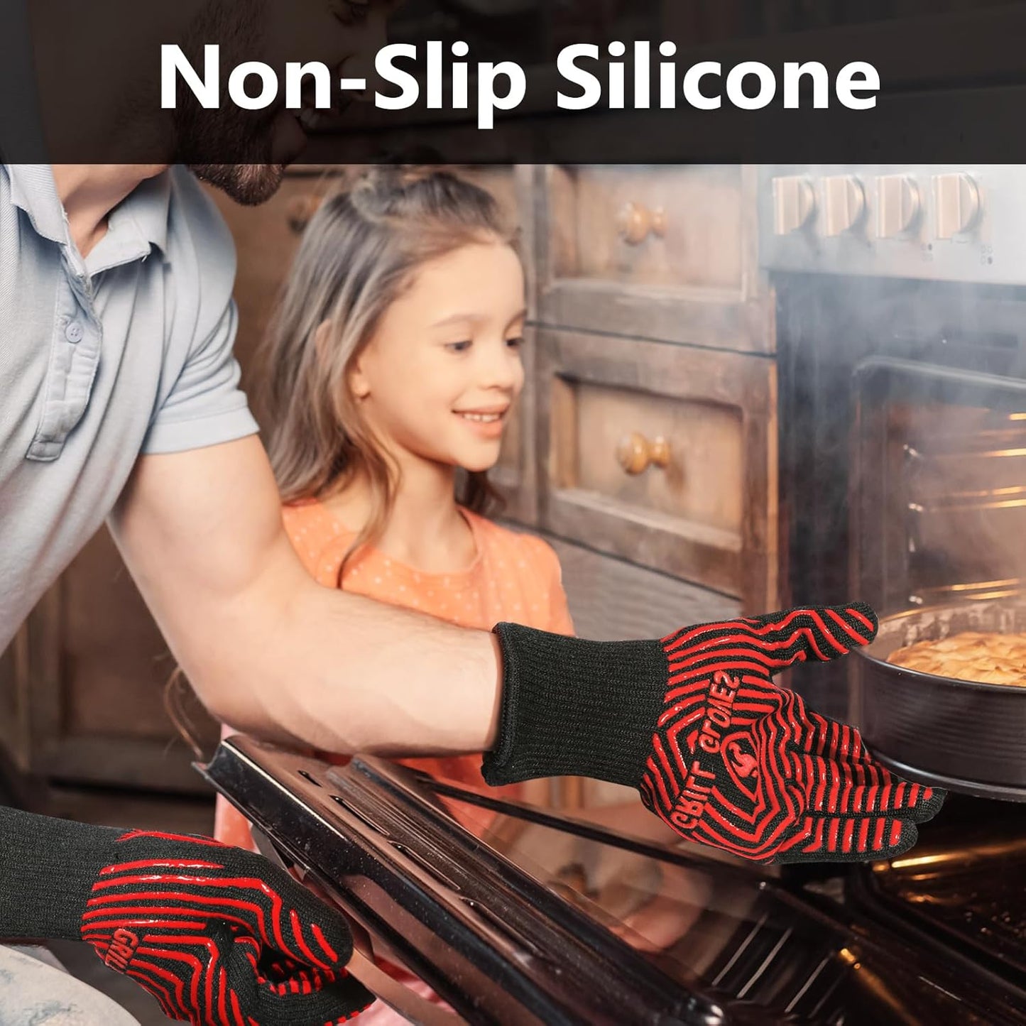 BBQ Gloves, 1472°F Heat Resistant Grilling Gloves Silicone Non-Slip Oven Mitts, Kitchen Gloves for BBQ, Grilling, Cooking, Baking(One Size Fits Most, Black)- 1 Pair