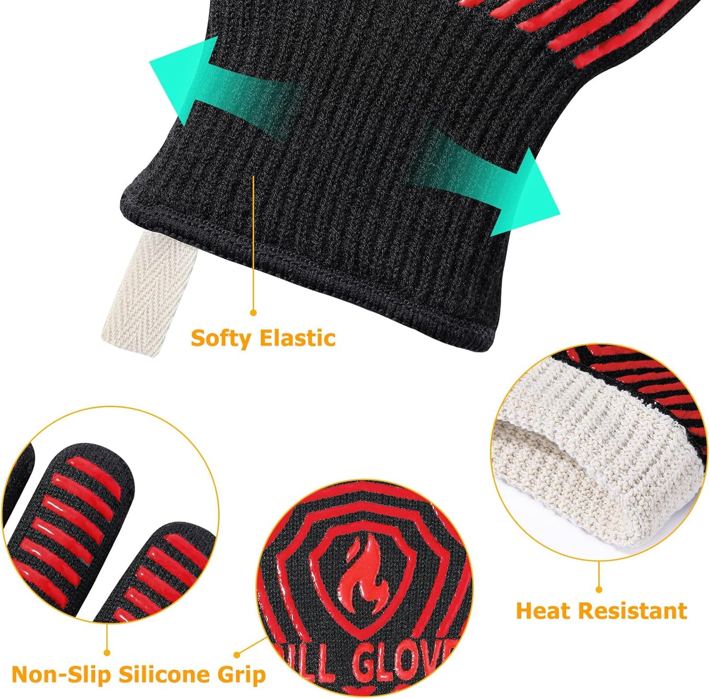 BBQ Gloves, 1472°F Heat Resistant Grilling Gloves Silicone Non-Slip Oven Mitts, Kitchen Gloves for BBQ, Grilling, Cooking, Baking(One Size Fits Most, Black)- 1 Pair
