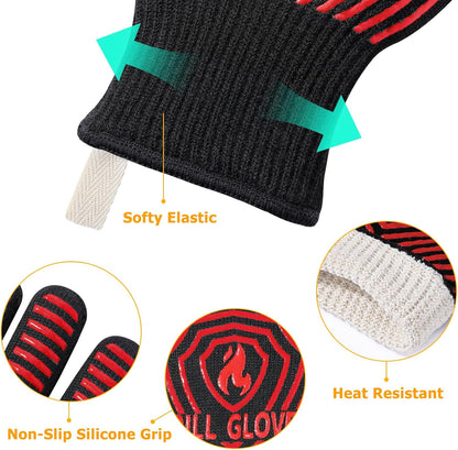 BBQ Gloves, 1472°F Heat Resistant Grilling Gloves Silicone Non-Slip Oven Mitts, Kitchen Gloves for BBQ, Grilling, Cooking, Baking(One Size Fits Most, Black)- 1 Pair