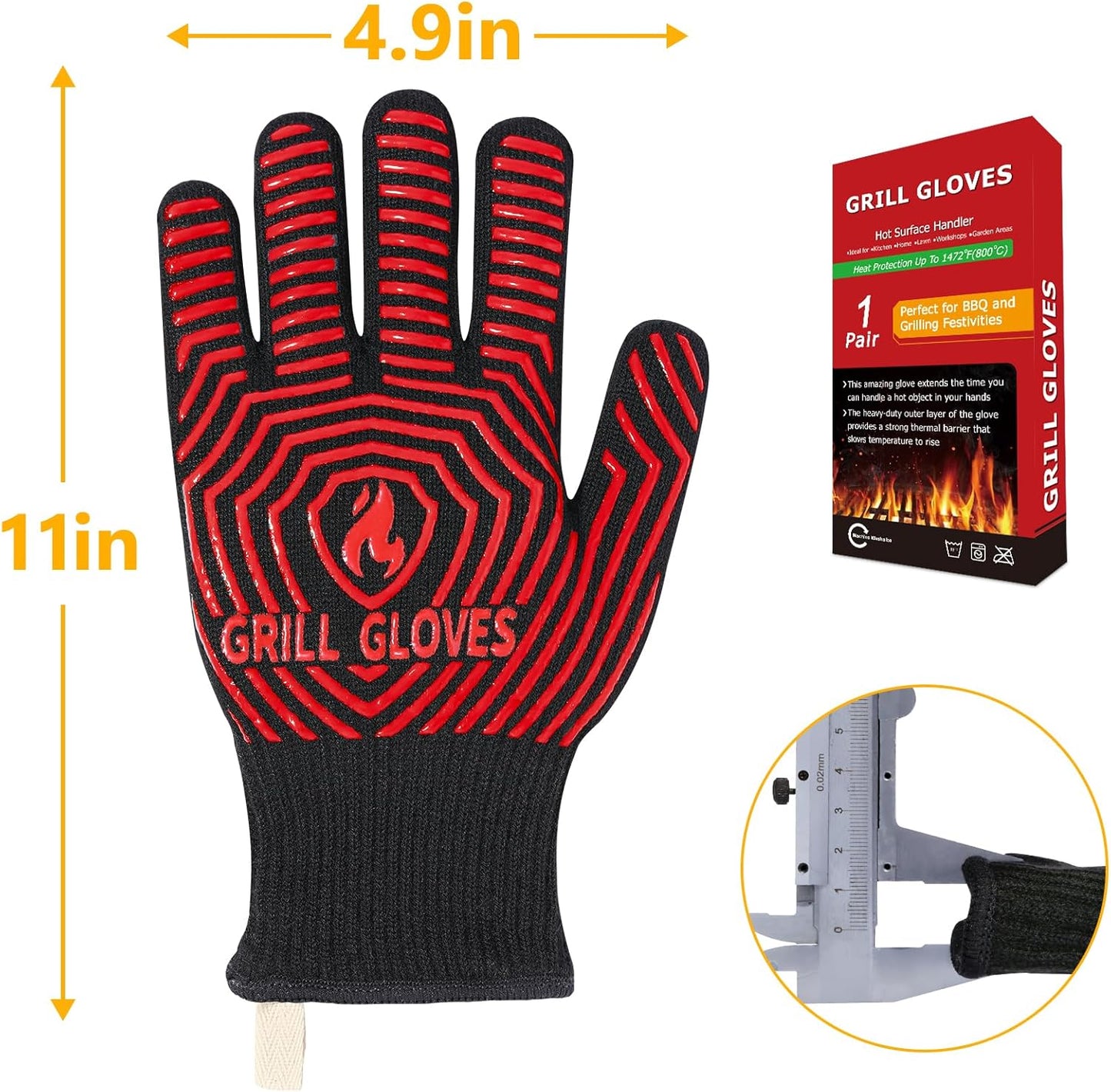 BBQ Gloves, 1472°F Heat Resistant Grilling Gloves Silicone Non-Slip Oven Mitts, Kitchen Gloves for BBQ, Grilling, Cooking, Baking(One Size Fits Most, Black)- 1 Pair