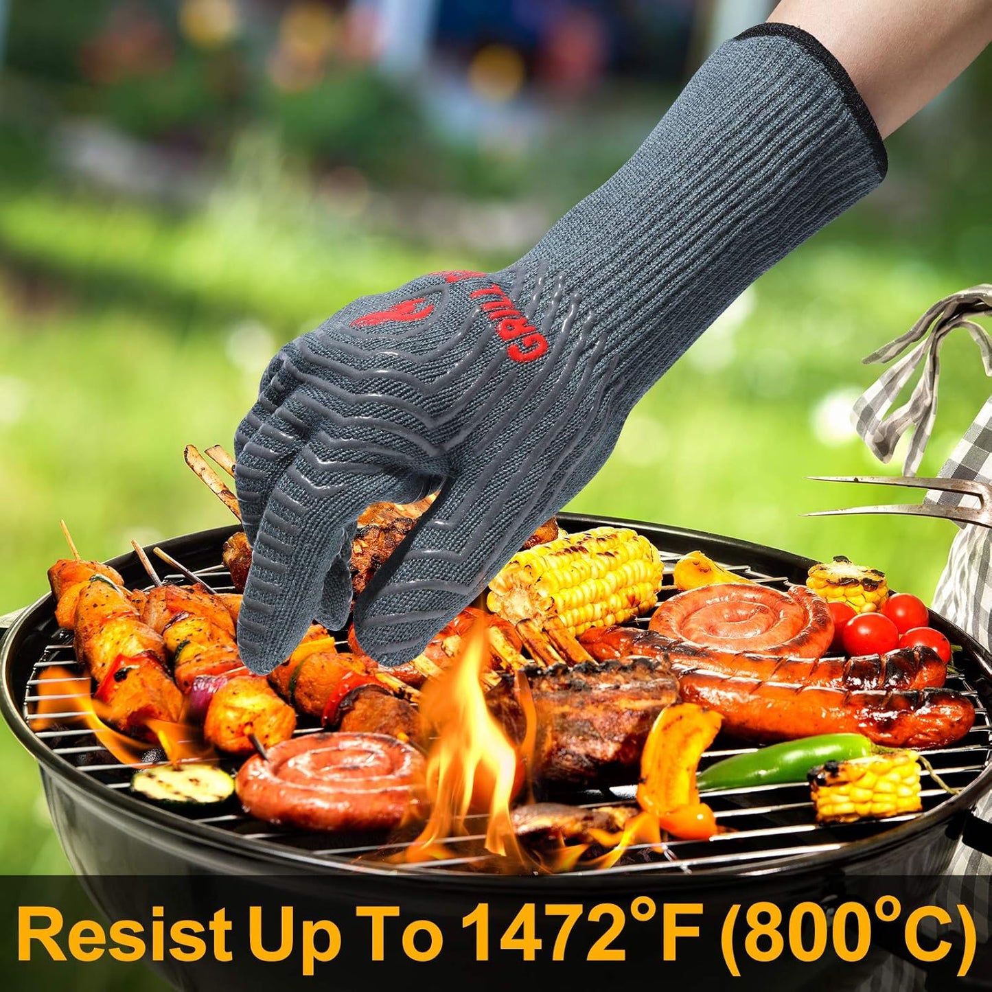BBQ Gloves, 1472°F Heat Resistant Grilling Gloves Silicone Non-Slip Oven Mitts, Kitchen Gloves for BBQ, Grilling, Cooking, Baking(One Size Fits Most, Black)- 1 Pair