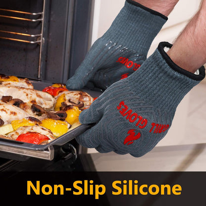 BBQ Gloves, 1472°F Heat Resistant Grilling Gloves Silicone Non-Slip Oven Mitts, Kitchen Gloves for BBQ, Grilling, Cooking, Baking(One Size Fits Most, Black)- 1 Pair