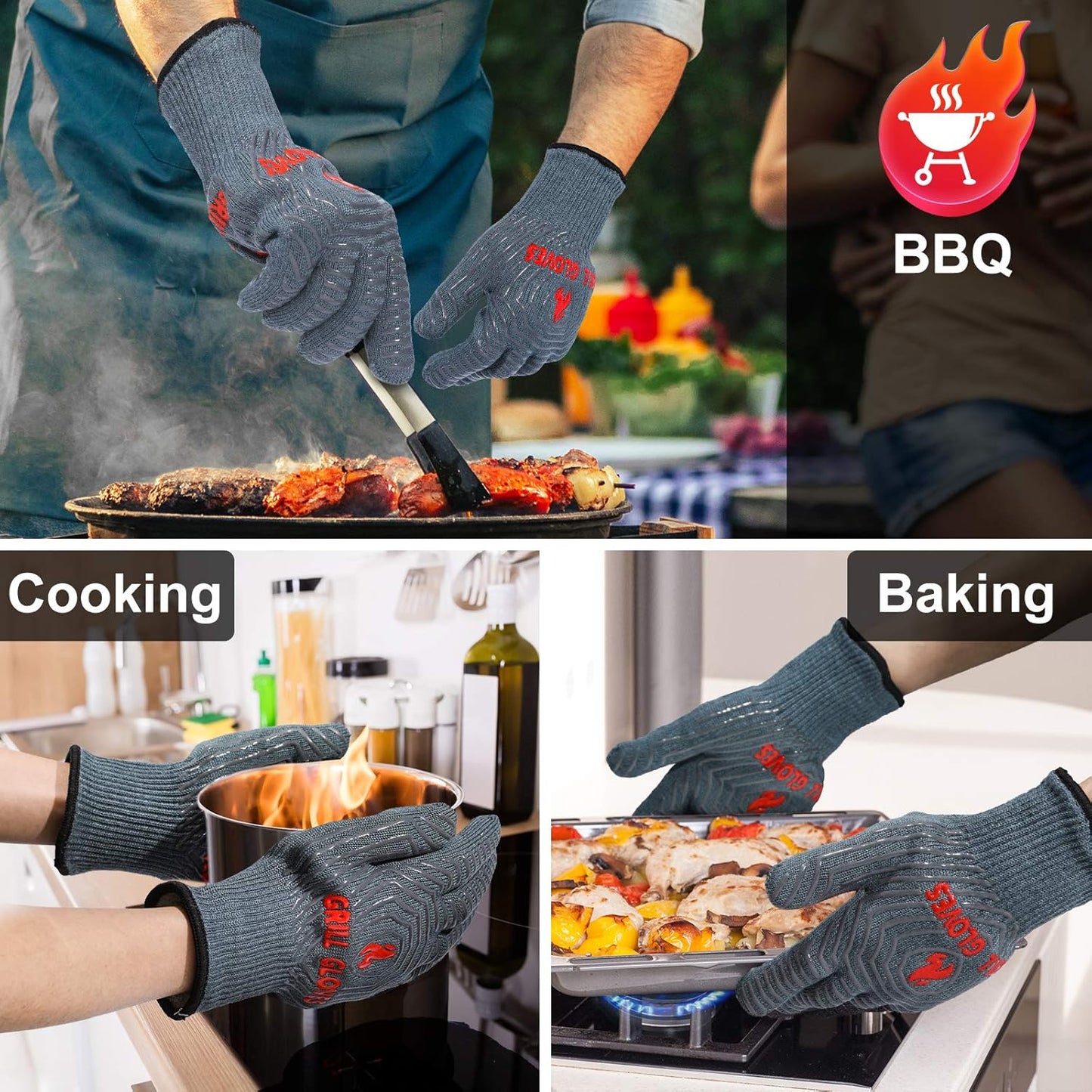 BBQ Gloves, 1472°F Heat Resistant Grilling Gloves Silicone Non-Slip Oven Mitts, Kitchen Gloves for BBQ, Grilling, Cooking, Baking(One Size Fits Most, Black)- 1 Pair