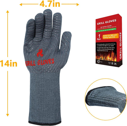 BBQ Gloves, 1472°F Heat Resistant Grilling Gloves Silicone Non-Slip Oven Mitts, Kitchen Gloves for BBQ, Grilling, Cooking, Baking(One Size Fits Most, Black)- 1 Pair