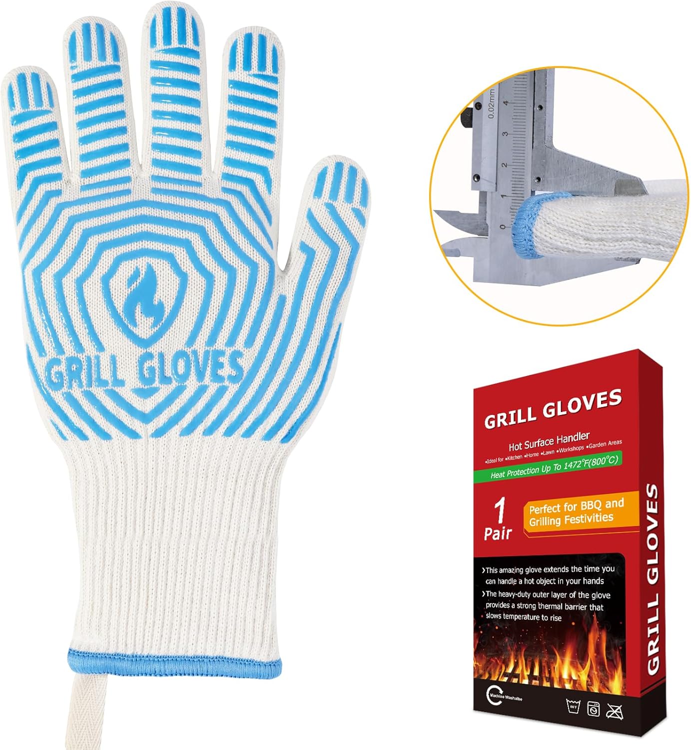 BBQ Gloves, 1472°F Heat Resistant Grilling Gloves Silicone Non-Slip Oven Mitts, Kitchen Gloves for BBQ, Grilling, Cooking, Baking(One Size Fits Most, Black)- 1 Pair