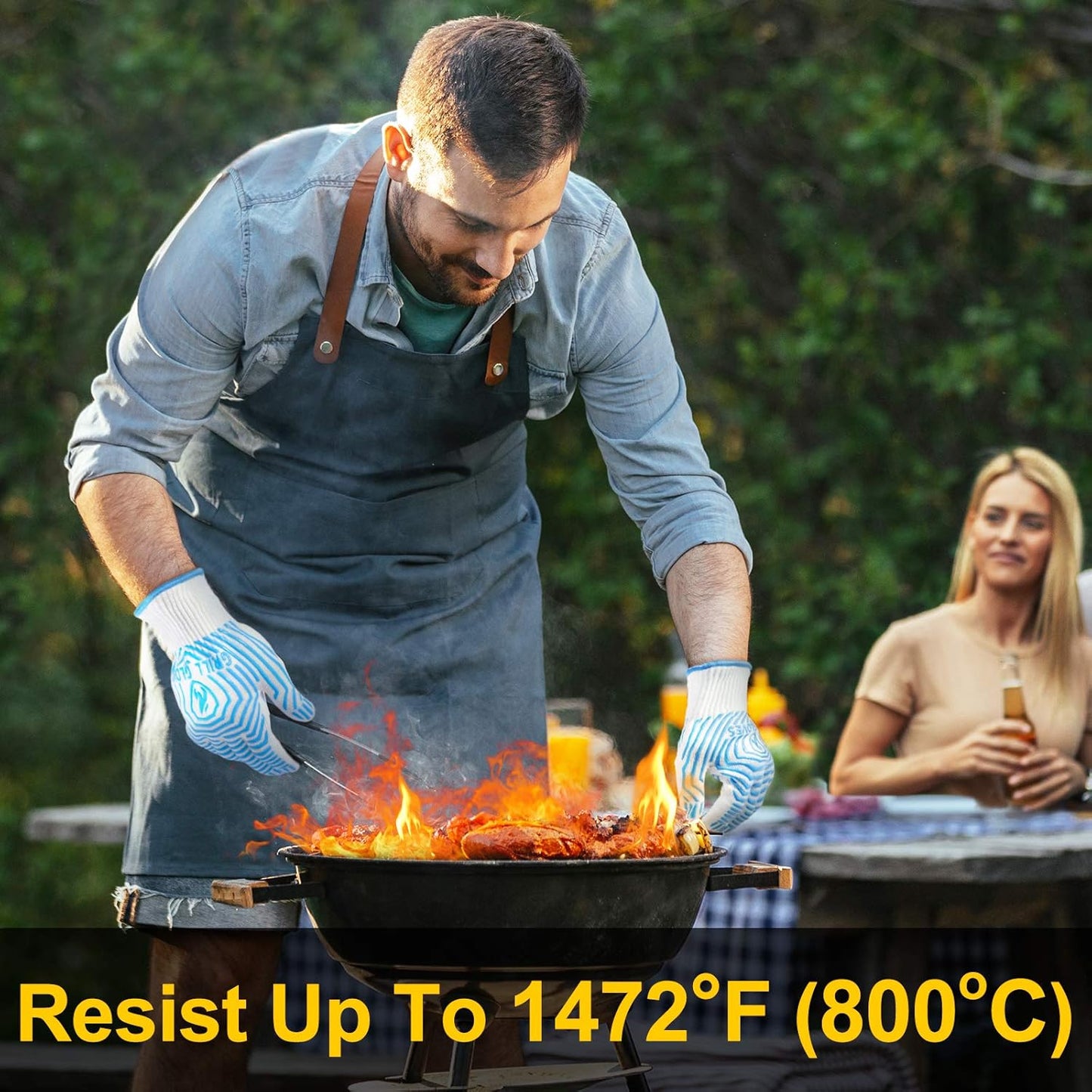 BBQ Gloves, 1472°F Heat Resistant Grilling Gloves Silicone Non-Slip Oven Mitts, Kitchen Gloves for BBQ, Grilling, Cooking, Baking(One Size Fits Most, Black)- 1 Pair