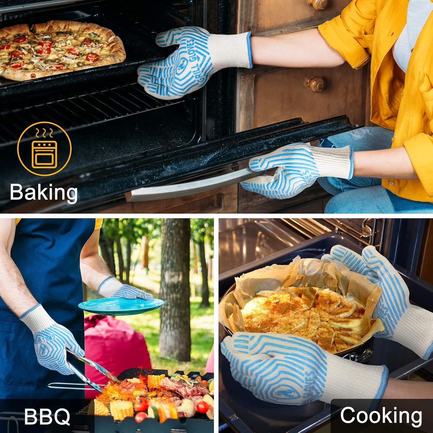 BBQ Gloves, 1472°F Heat Resistant Grilling Gloves Silicone Non-Slip Oven Mitts, Kitchen Gloves for BBQ, Grilling, Cooking, Baking(One Size Fits Most, Black)- 1 Pair