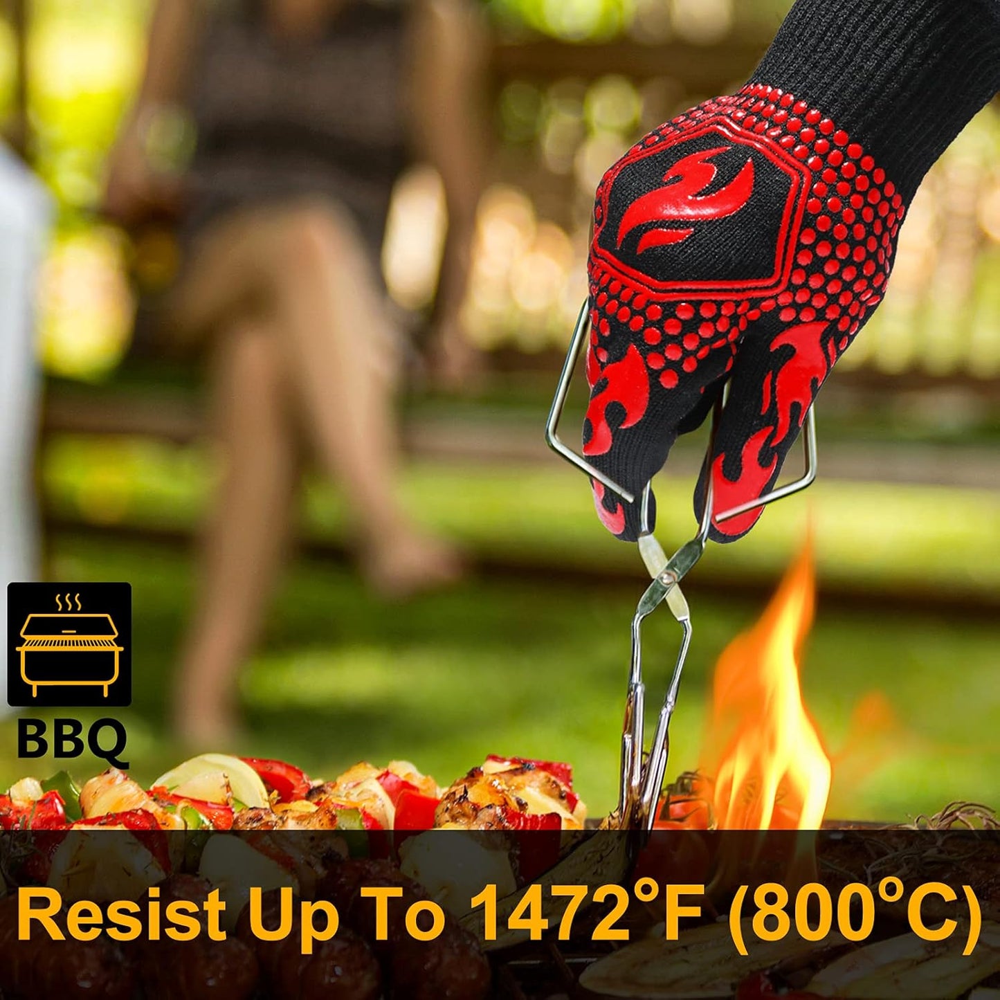 BBQ Gloves, 1472°F Heat Resistant Grilling Gloves Silicone Non-Slip Oven Mitts, Kitchen Gloves for BBQ, Grilling, Cooking, Baking(One Size Fits Most, Black)- 1 Pair