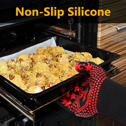 BBQ Gloves, 1472°F Heat Resistant Grilling Gloves Silicone Non-Slip Oven Mitts, Kitchen Gloves for BBQ, Grilling, Cooking, Baking(One Size Fits Most, Black)- 1 Pair
