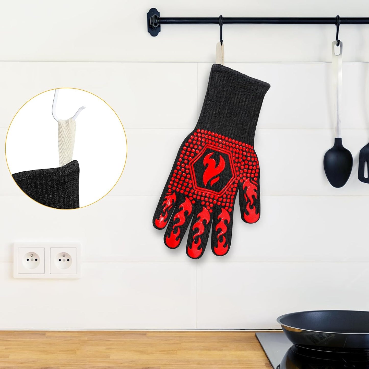 BBQ Gloves, 1472°F Heat Resistant Grilling Gloves Silicone Non-Slip Oven Mitts, Kitchen Gloves for BBQ, Grilling, Cooking, Baking(One Size Fits Most, Black)- 1 Pair