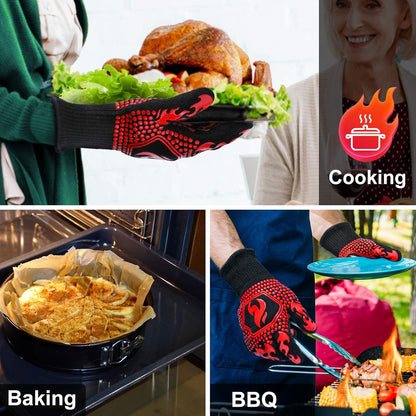 BBQ Gloves, 1472°F Heat Resistant Grilling Gloves Silicone Non-Slip Oven Mitts, Kitchen Gloves for BBQ, Grilling, Cooking, Baking(One Size Fits Most, Black)- 1 Pair