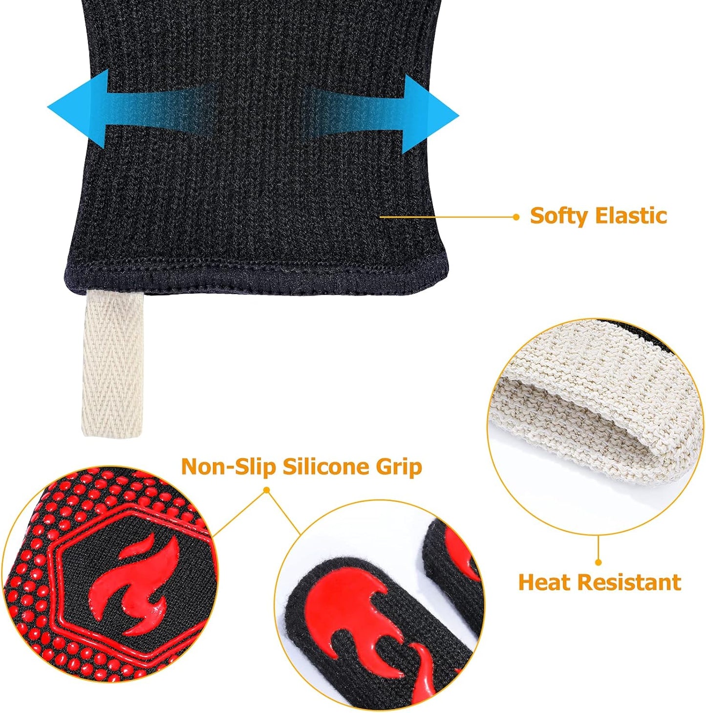 BBQ Gloves, 1472°F Heat Resistant Grilling Gloves Silicone Non-Slip Oven Mitts, Kitchen Gloves for BBQ, Grilling, Cooking, Baking(One Size Fits Most, Black)- 1 Pair