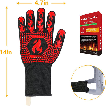 BBQ Gloves, 1472°F Heat Resistant Grilling Gloves Silicone Non-Slip Oven Mitts, Kitchen Gloves for BBQ, Grilling, Cooking, Baking(One Size Fits Most, Black)- 1 Pair