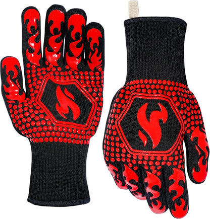 BBQ Gloves, 1472°F Heat Resistant Grilling Gloves Silicone Non-Slip Oven Mitts, Kitchen Gloves for BBQ, Grilling, Cooking, Baking(One Size Fits Most, Black)- 1 Pair