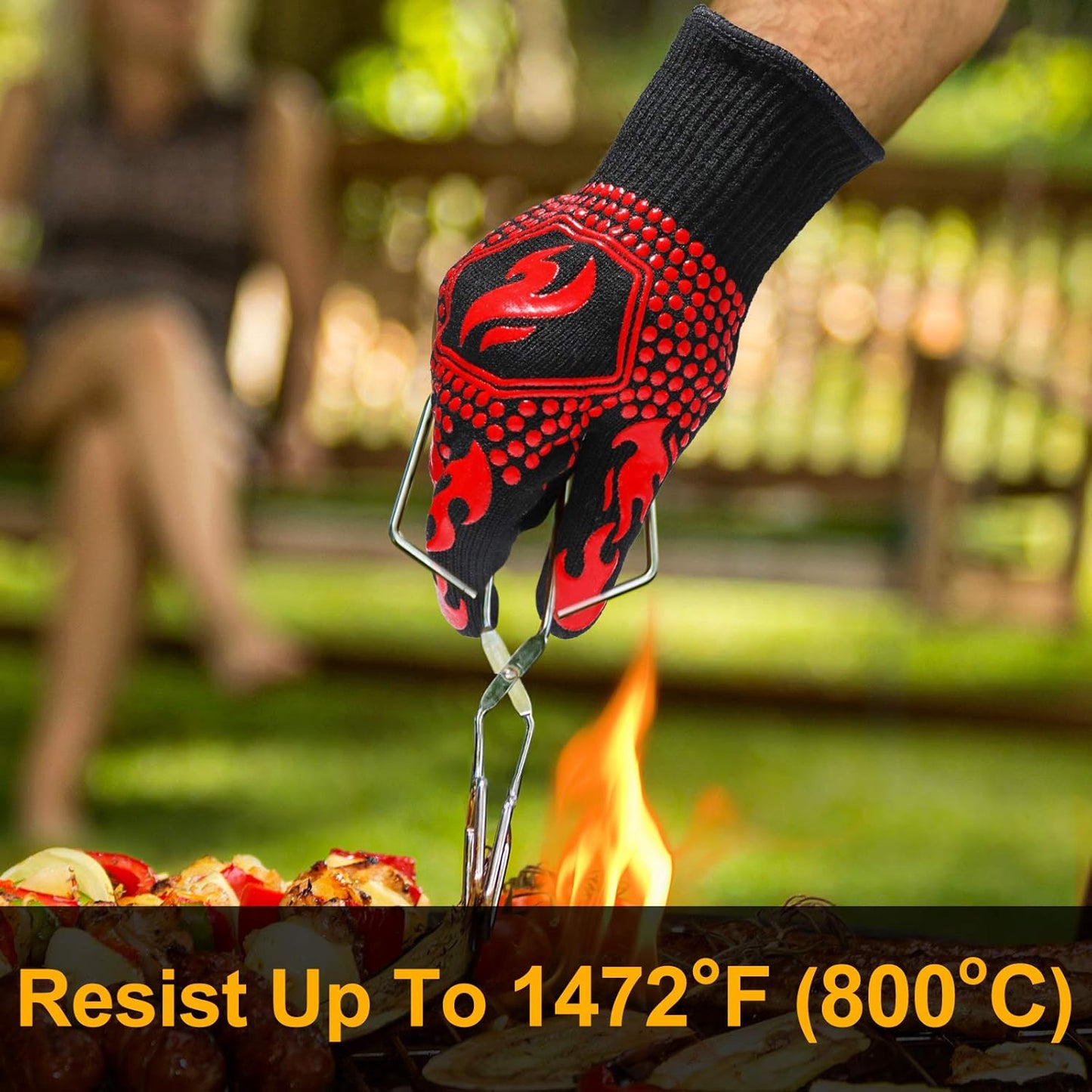 BBQ Gloves, 1472°F Heat Resistant Grilling Gloves Silicone Non-Slip Oven Mitts, Kitchen Gloves for BBQ, Grilling, Cooking, Baking(One Size Fits Most, Black)- 1 Pair