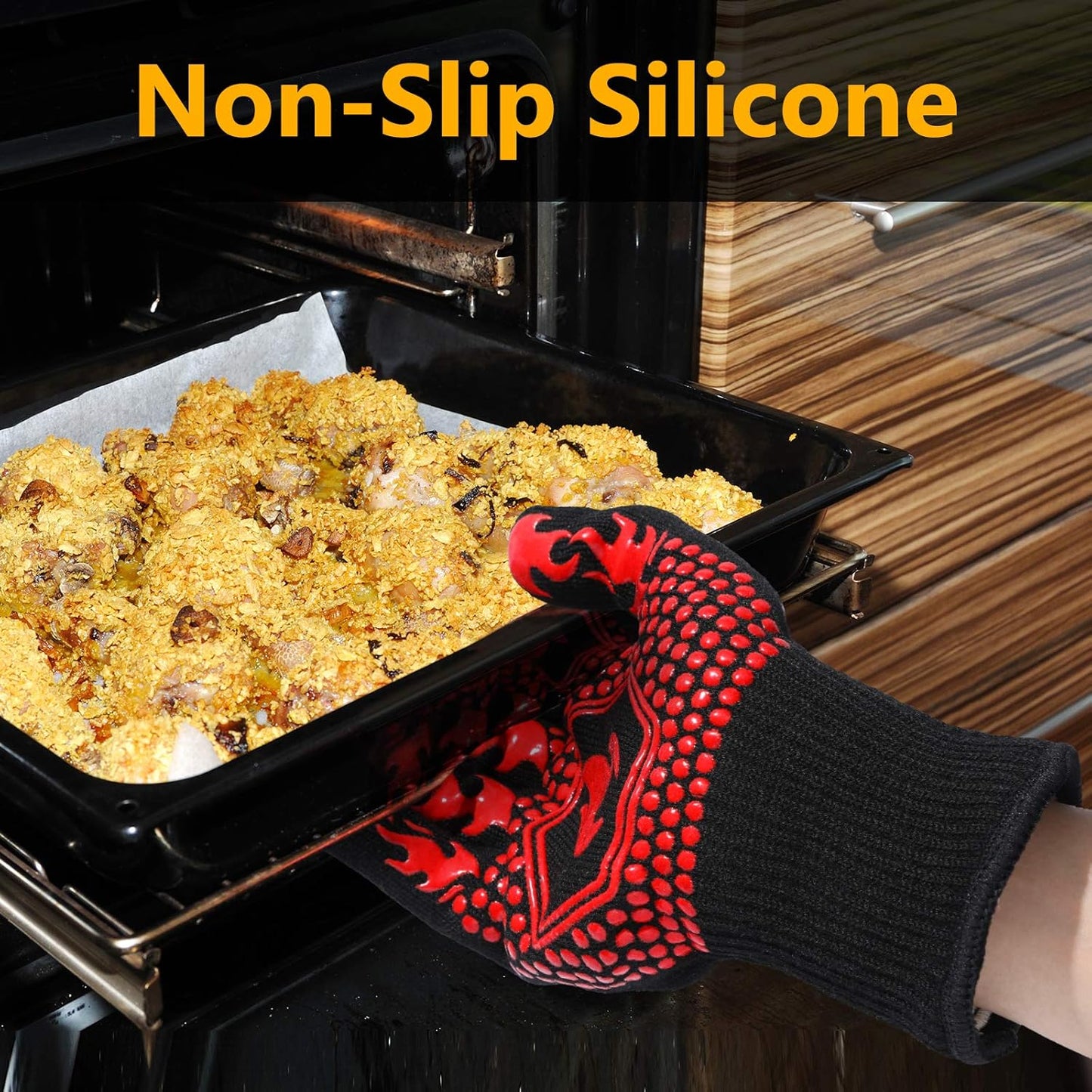 BBQ Gloves, 1472°F Heat Resistant Grilling Gloves Silicone Non-Slip Oven Mitts, Kitchen Gloves for BBQ, Grilling, Cooking, Baking(One Size Fits Most, Black)- 1 Pair