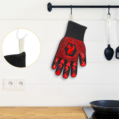 BBQ Gloves, 1472°F Heat Resistant Grilling Gloves Silicone Non-Slip Oven Mitts, Kitchen Gloves for BBQ, Grilling, Cooking, Baking(One Size Fits Most, Black)- 1 Pair