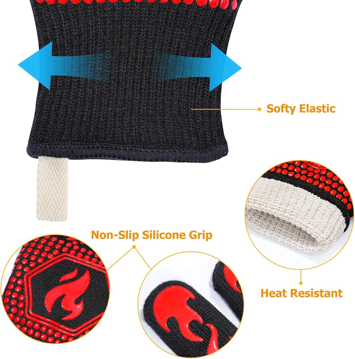 BBQ Gloves, 1472°F Heat Resistant Grilling Gloves Silicone Non-Slip Oven Mitts, Kitchen Gloves for BBQ, Grilling, Cooking, Baking(One Size Fits Most, Black)- 1 Pair